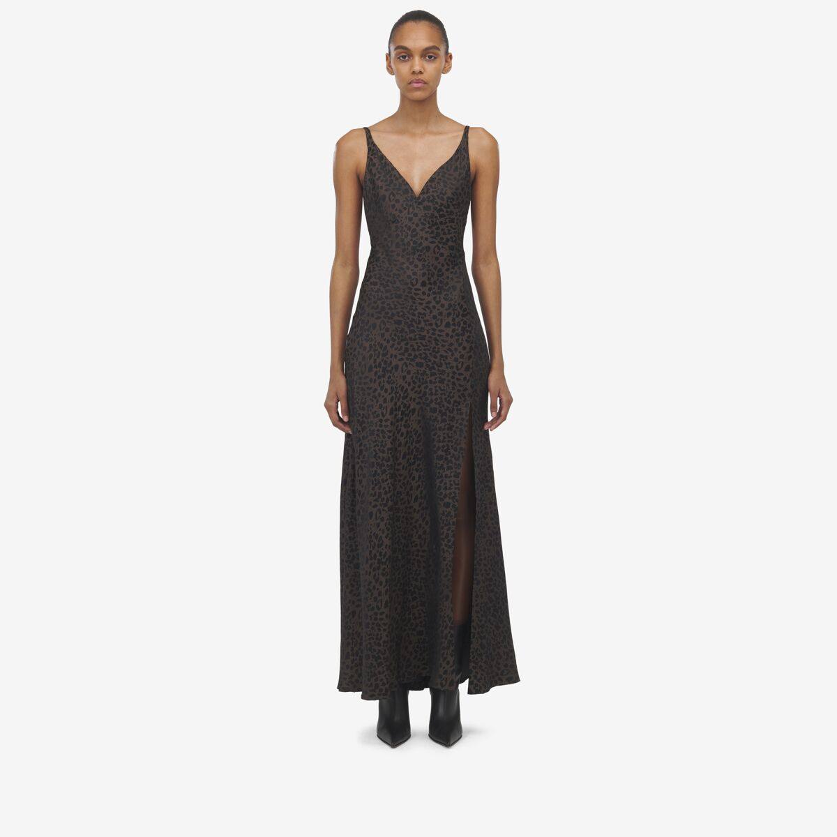 Alexander McQueen Women's Brown Leopard Jacquard Slip Dress - 2 (Viscose & Silk)